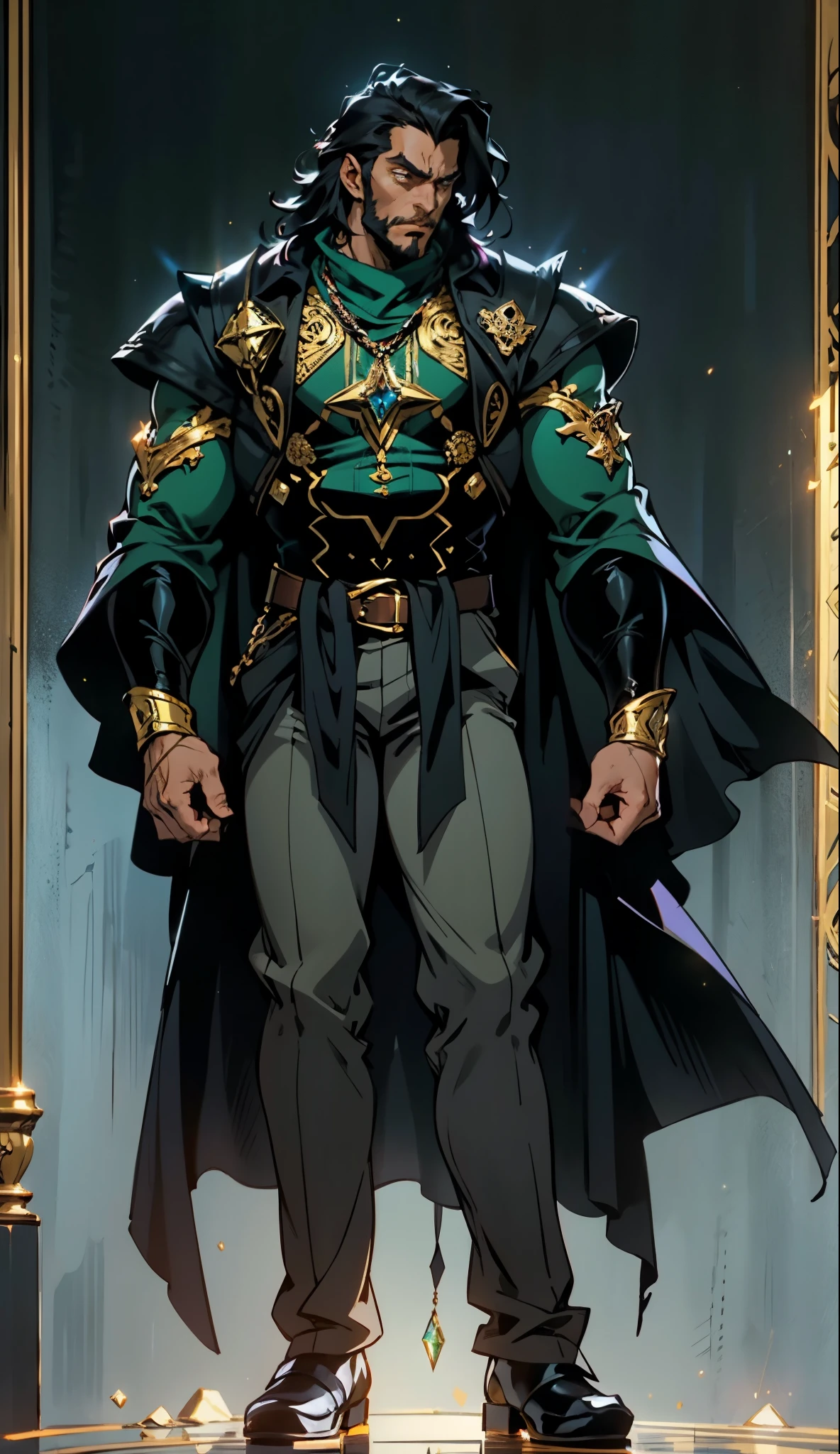 A middle-aged man with long black hair, a metal forehead protector, large triangular eyes, square stubble, a dignified expression, a long face, a dignified expression, a tall physique, a luxurious fantasy-style coat adorned with golden patterns and a green crystal in the center, wide short sleeves, metal wrist guards, two-tone linen trousers, thick cloth shoes, the backdrop of a completely black fantasy-style fortress, this character embodies a finely crafted fantasy-style overlord in anime style, exquisite and mature manga art style, dramatic, high definition, best quality, highres, ultra-detailed, ultra-fine painting, extremely delicate, professional, perfect body proportions, golden ratio, anatomically correct, symmetrical face, extremely detailed eyes and face, high quality eyes, creativity, RAW photo, UHD, 32k, Natural light, cinematic lighting, masterpiece-anatomy-perfect, masterpiece:1.5