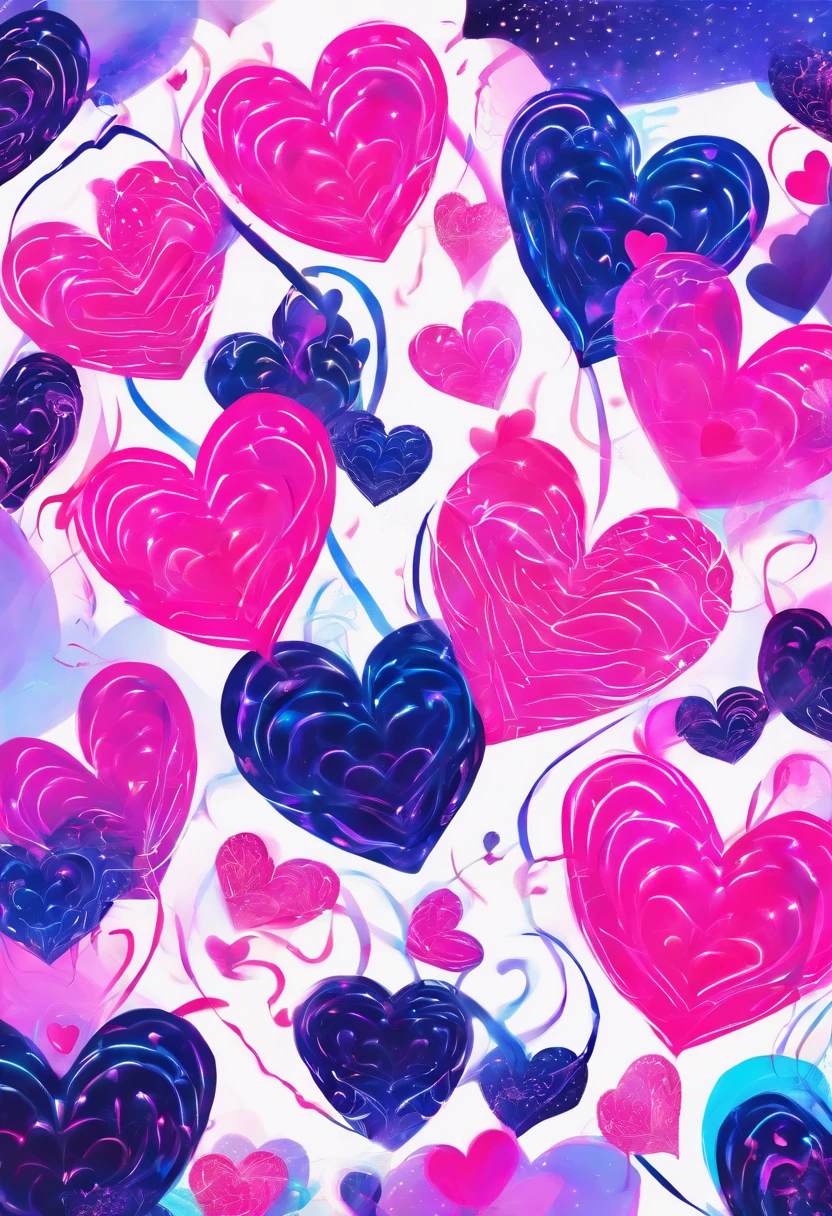 Neon pink hearts and dark blue hearts on white background 