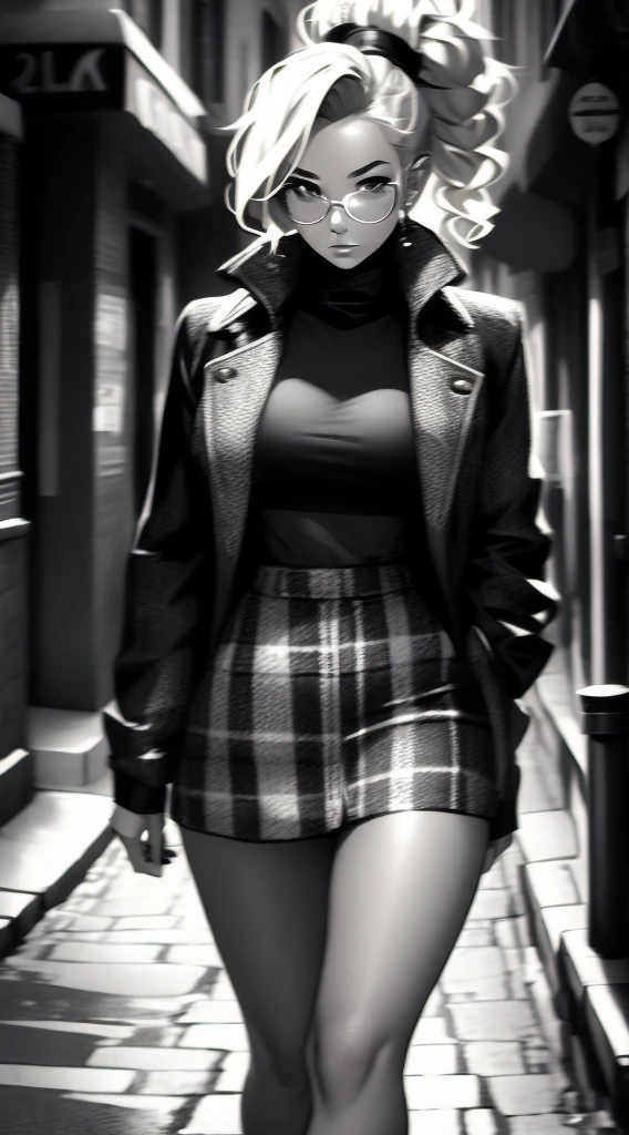 20 year old female detective, blonde hair with messy bun, eyeglasses, masterpiece, detailed, toned body, Noir et blanc, monochrome, femme fatale, black top, plaid skirt, long trench coat, walking down a street