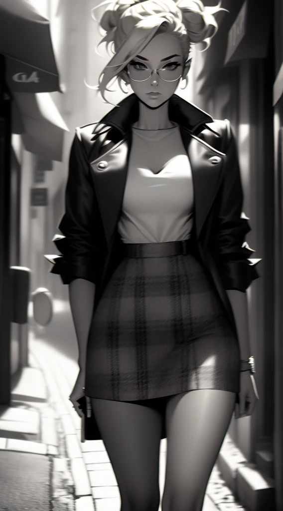 20 year old female detective, blonde hair with messy bun, eyeglasses, masterpiece, detailed, toned body, Noir et blanc, monochrome, femme fatale, black top, plaid skirt, long trench coat, walking down a street