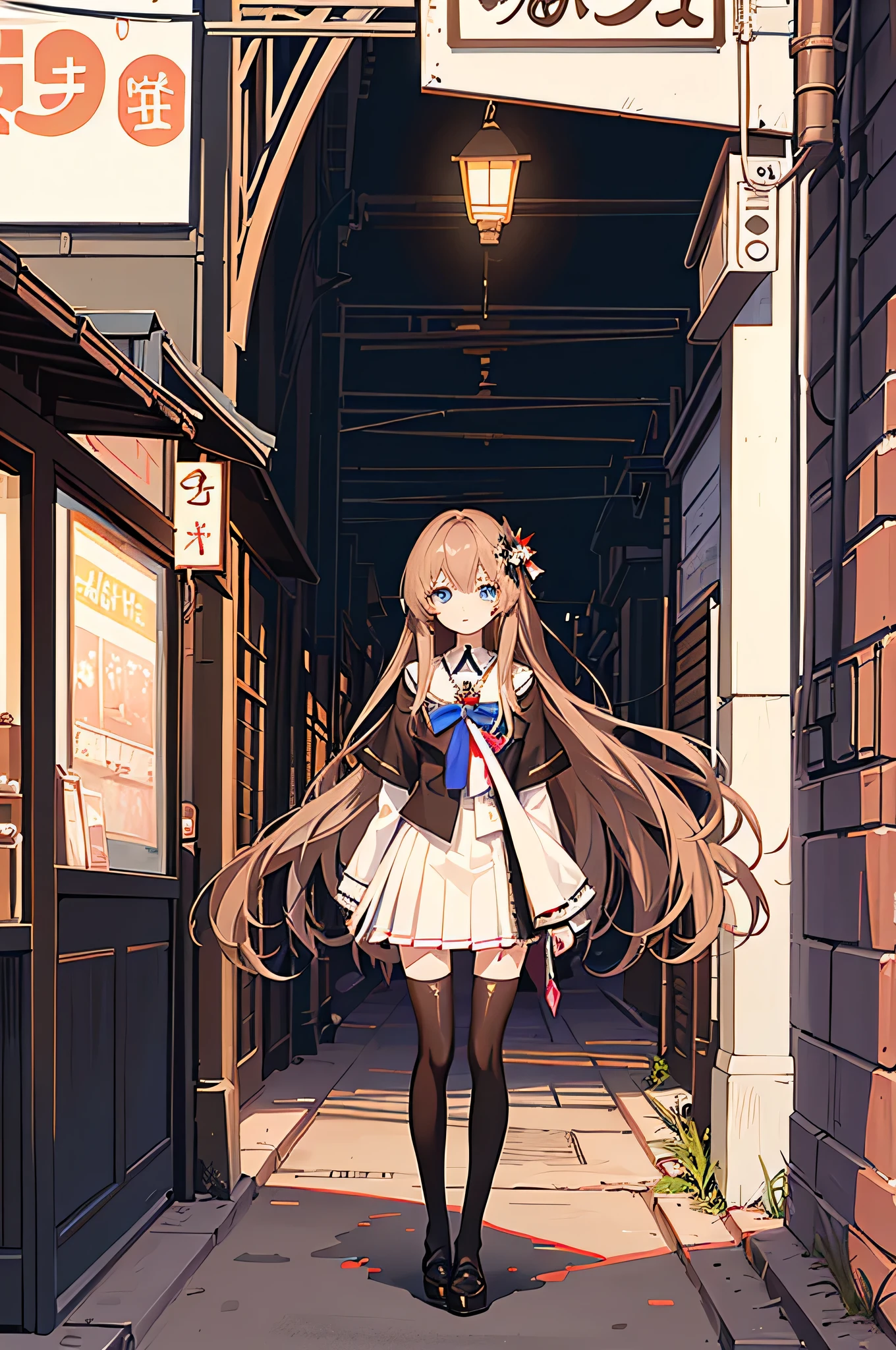 1girl, solo, outdoors, long hair, holy place, Original,(Illustration:1.1),(Best Quality),(masutepiece:1.1),(the Extremely Detailed CG Unity 8K Wallpapers:1.1), (Colorful:0.9),(mid-shot:0.95),(extremely detailed beautiful face),(Solo:1.2), (girl),(((Lori))), (Detailed beautiful eyes:1.15), (Beautiful face:1.15), (Glowing blue eyes:1.25////),(((Brown Long Hair))),(two side up),(+perfect hand+:1.21),(Draw illustration of Japan priestess costume),(slender),(White pleated skirt),(Gothic),((black thighhighs)),(frilld),(Beautiful Slender Lolita Girl),hallowween,standing, girl,, girl,((infront of the cafe)),