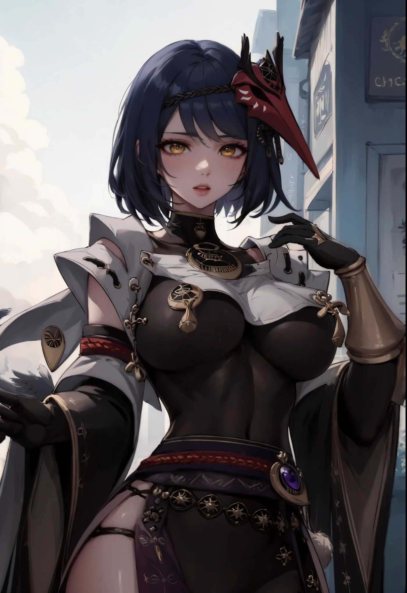 sarakujou, sara kujou, blue hair, short hair, swept bangs, (yellow eyes:1.5), BREAK bird mask, black gloves, black leotard, bracer, detached sleeves, elbow gloves, gloves, japanese clothes, jewelry, leotard, mask, mask on head, obi, pelvic curtain, pendant, sash, sleeveless, vision (genshin impact), wide sleeves, BREAK looking at viewer, BREAK outdoors, BREAK (masterpiece:1.2), best quality, high resolution, unity 8k wallpaper, (illustration:0.8), (beautiful detailed eyes:1.6), extremely detailed face, perfect lighting, extremely detailed CG, (perfect hands, perfect anatomy),