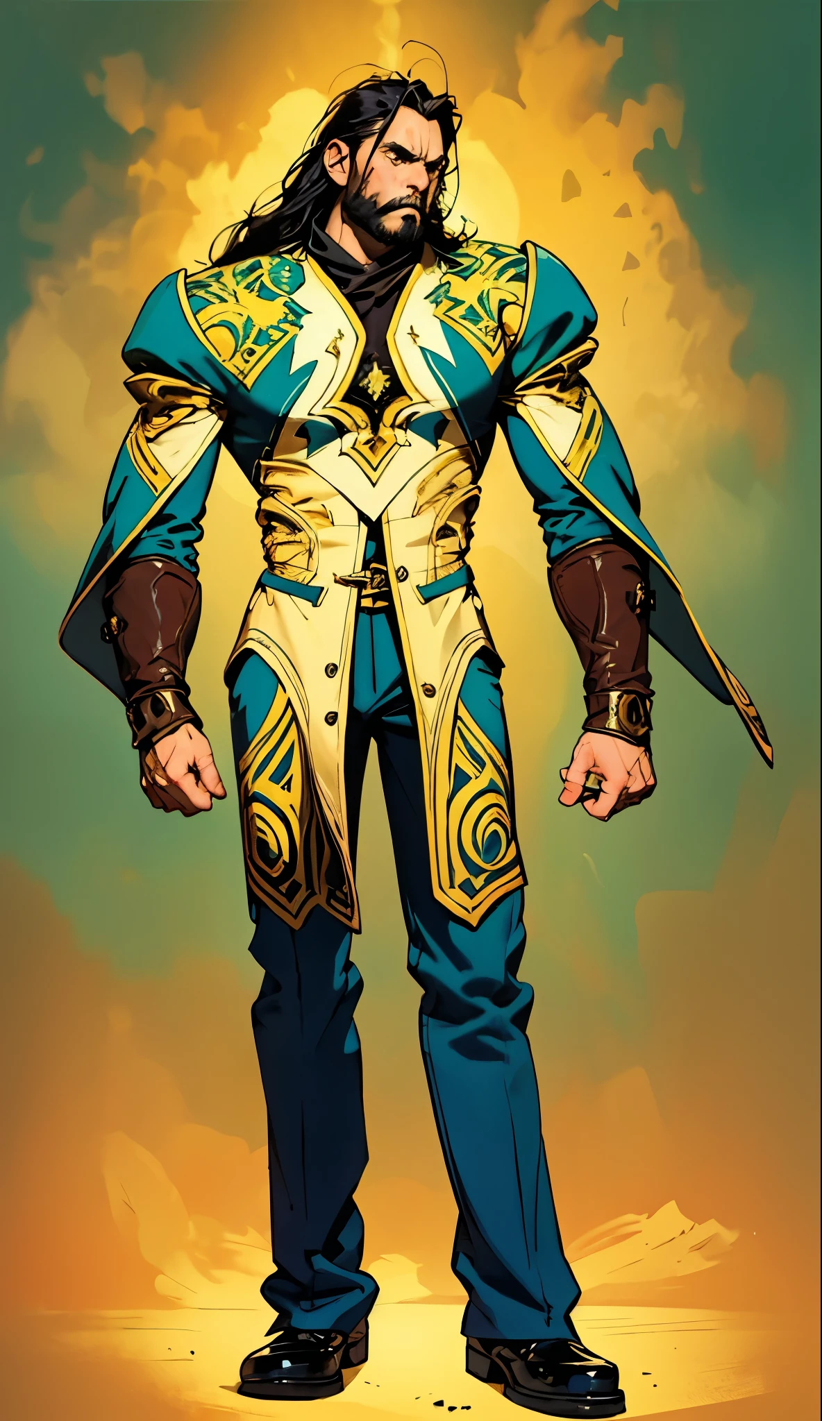 A middle-aged man with long black hair, a metal forehead protector, large triangular eyes, square stubble, a dignified expression, a long face, a dignified expression, a tall physique, a luxurious fantasy-style coat adorned with golden patterns and a green crystal in the center, wide short sleeves, metal wrist guards, two-tone linen trousers, thick cloth shoes, the backdrop of a completely black fantasy-style fortress, this character embodies a finely crafted fantasy-style overlord in anime style, exquisite and mature manga art style, dramatic, high definition, best quality, highres, ultra-detailed, ultra-fine painting, extremely delicate, professional, perfect body proportions, golden ratio, anatomically correct, symmetrical face, extremely detailed eyes and face, high quality eyes, creativity, RAW photo, UHD, 32k, Natural light, cinematic lighting, masterpiece-anatomy-perfect, masterpiece:1.5