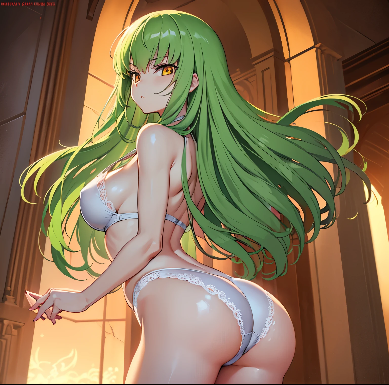 1 girl, alone, d.c., expressionless, frowning, (masterpiece, best quality, ultra detailed, best shadow, volumetric lighting), (beautiful detailed face, beautiful detailed eyes), (best lighting), orange eyes, long hair, green hair, (white lingerie with white lace: 1.1), one-piece lingerie, hand, holding hip, (cowboy photo: 1.3), medium breasts, medium waist, wide hips, wide thighs, round butt, castle, room , bedroom, clear lighting, standing, looking at the viewer, looking back, from behind, I focused on the ass, point of view (from below), mksks style, sexy body, beautiful background, professional lighting, landscape with warm colors, perfect anatomy, perfect hands