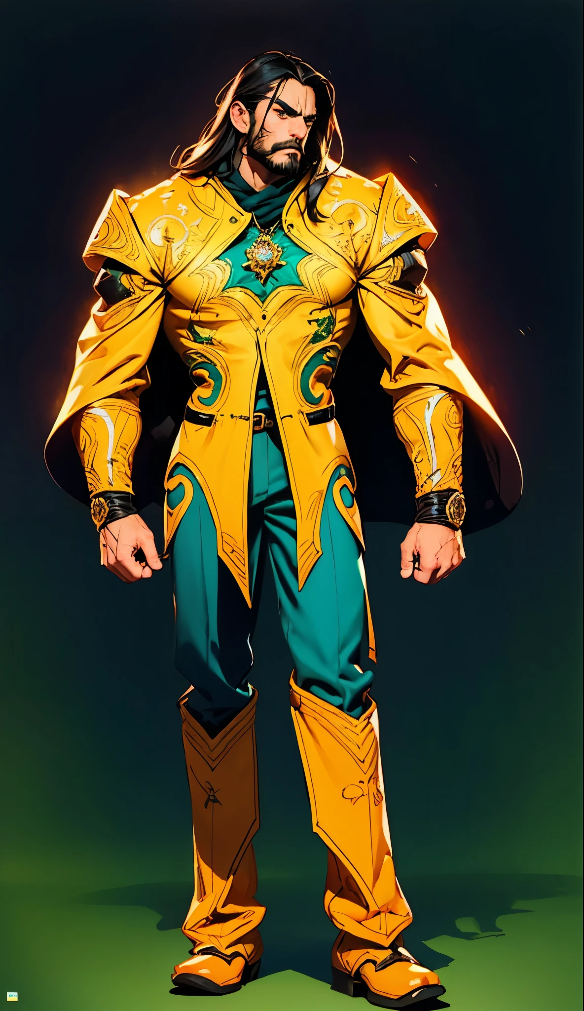 A middle-aged man with long black hair, a metal forehead protector, large triangular eyes, square stubble, a dignified expression, a long face, a dignified expression, a tall physique, a luxurious fantasy-style coat adorned with golden patterns and a green crystal in the center, wide short sleeves, metal wrist guards, two-tone linen trousers, thick cloth shoes, the backdrop of a completely black fantasy-style fortress, this character embodies a finely crafted fantasy-style overlord in anime style, exquisite and mature manga art style, dramatic, high definition, best quality, highres, ultra-detailed, ultra-fine painting, extremely delicate, professional, perfect body proportions, golden ratio, anatomically correct, symmetrical face, extremely detailed eyes and face, high quality eyes, creativity, RAW photo, UHD, 32k, Natural light, cinematic lighting, masterpiece-anatomy-perfect, masterpiece:1.5