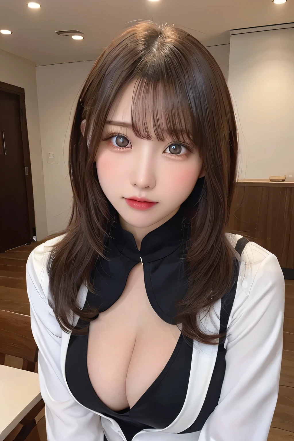 table top, highest quality, one girl, (beautiful girl:1.3), (18-year-old:1.3), very good eye clarity, (symmetrical eyes:1.3), (Police Costume:1.2), beautiful breasts,big breasts,big breasts,Visible cleavage, brown eyes, parted bangs, brown hair,Police clothes with cleavage exposed,Erotic,fine details