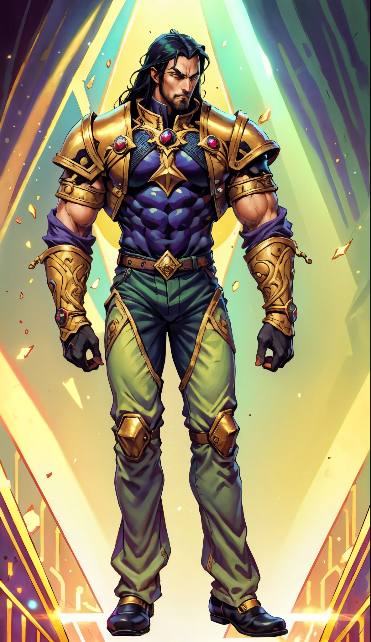 A middle-aged man with long black hair, a metal forehead protector, large triangular eyes, square stubble, a dignified expression, a long face, a dignified expression, a tall physique, a luxurious fantasy-style coat adorned with golden patterns and a green crystal in the center, wide short sleeves, metal wrist guards, two-tone linen trousers, thick cloth shoes, the backdrop of a completely black fantasy-style fortress, this character embodies a finely crafted fantasy-style overlord in anime style, exquisite and mature manga art style, dramatic, high definition, best quality, highres, ultra-detailed, ultra-fine painting, extremely delicate, professional, perfect body proportions, golden ratio, anatomically correct, symmetrical face, extremely detailed eyes and face, high quality eyes, creativity, RAW photo, UHD, 32k, Natural light, cinematic lighting, masterpiece-anatomy-perfect, masterpiece:1.5