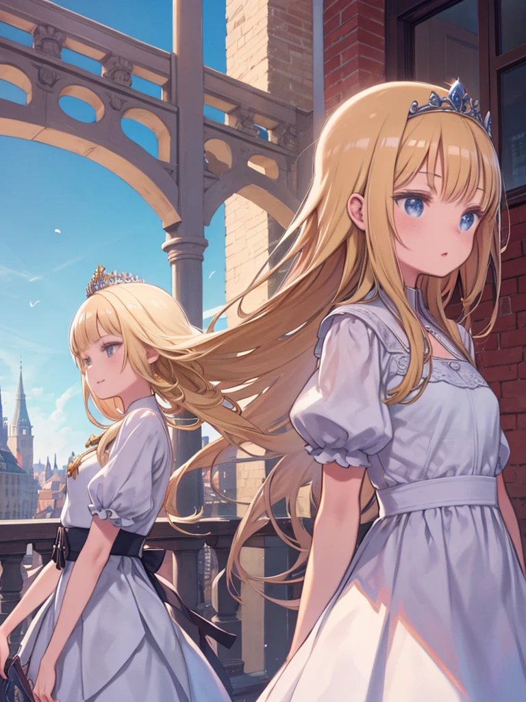 One girl、Brick balcony、Townscape of medieval Europe、Girl looking out from the balcony、Blonde、Wavy long hair、White Dress、tiara、princess、laughing、Angle from the side、blue sky、Fluttering in the wind、