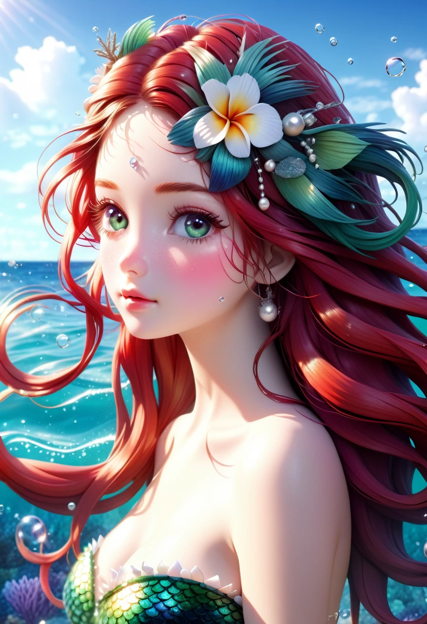 (Best quality,4k,8k,high resolution,masterpiece:1.2),ultra-detailed ,25-year-old woman magically transforms into a pretty mermaid, transformation fantastique,Aux yeux rouges,beautiful detailed eyes,very long, spiky red hair,bonheur, long, detailed mermaid tail with shimmering green scales, soutien-gorge coquillage orné de perles,paire de branchies de poisson sur son torse, longues nageoires pelviennes, bandeau ruban rouge et noir, starfish hair clips, ornements de cheveux en perles, boucles d&#39;oreilles et bracelets en perles, collier de perles, Des accessoires accrocheurs,beautifully detailed lips,Elle sourit,embrace your new life with a mermaid, vérifier son beau nouveau corps,Monde sous marin,colorful coral reef,Magical underwater lighting,Des couleurs vives,respirer sous l'eau,infinite ocean depths,sunlight filters through water,expression joyeuse,playful mermaid poses,Swim with grace,Environnement serein et paisible,Eau gazeuse,reflets de l'eau,ethereal atmosphere,lueur subtile,fantaisiste et enchanteur,mythical creatures,une vie marine curieuse,algue,coquillages,transformation heureuse,fantasy ocean adventure,beauty of the ocean depths