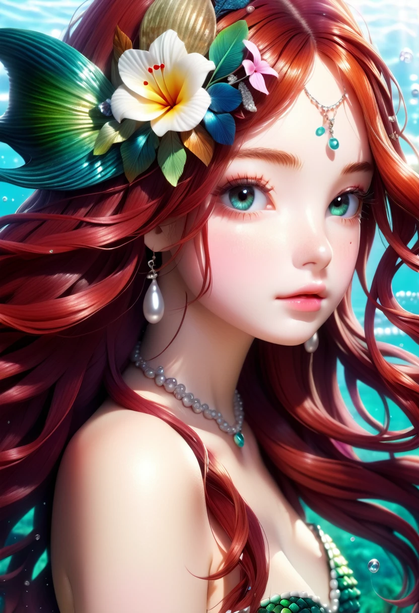 (Best quality,4k,8k,high resolution,masterpiece:1.2),ultra-detailed ,25-year-old woman magically transforms into a pretty mermaid, transformation fantastique,Aux yeux rouges,beautiful detailed eyes,very long, spiky red hair,bonheur, long, detailed mermaid tail with shimmering green scales, soutien-gorge coquillage orné de perles,paire de branchies de poisson sur son torse, longues nageoires pelviennes, bandeau ruban rouge et noir, starfish hair clips, ornements de cheveux en perles, boucles d&#39;oreilles et bracelets en perles, collier de perles, Des accessoires accrocheurs,beautifully detailed lips,Elle sourit,embrace your new life with a mermaid, vérifier son beau nouveau corps,Monde sous marin,colorful coral reef,Magical underwater lighting,Des couleurs vives,respirer sous l'eau,infinite ocean depths,sunlight filters through water,expression joyeuse,playful mermaid poses,Swim with grace,Environnement serein et paisible,Eau gazeuse,reflets de l'eau,ethereal atmosphere,lueur subtile,fantaisiste et enchanteur,mythical creatures,une vie marine curieuse,algue,coquillages,transformation heureuse,fantasy ocean adventure,beauty of the ocean depths