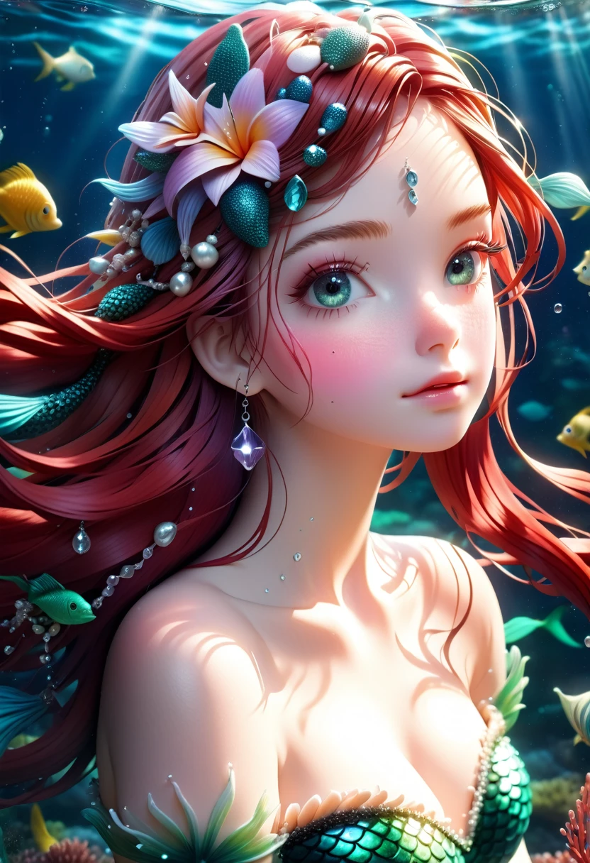 (Best quality,4k,8k,high resolution,masterpiece:1.2),ultra-detailed ,25-year-old woman magically transforms into a pretty mermaid, transformation fantastique,Aux yeux rouges,beautiful detailed eyes,very long, spiky red hair,bonheur, long, detailed mermaid tail with shimmering green scales, soutien-gorge coquillage orné de perles,paire de branchies de poisson sur son torse, longues nageoires pelviennes, bandeau ruban rouge et noir, starfish hair clips, ornements de cheveux en perles, boucles d&#39;oreilles et bracelets en perles, collier de perles, Des accessoires accrocheurs,beautifully detailed lips,Elle sourit,embrace your new life with a mermaid, vérifier son beau nouveau corps,Monde sous marin,colorful coral reef,Magical underwater lighting,Des couleurs vives,respirer sous l'eau,infinite ocean depths,sunlight filters through water,expression joyeuse,playful mermaid poses,Swim with grace,Environnement serein et paisible,Eau gazeuse,reflets de l'eau,ethereal atmosphere,lueur subtile,fantaisiste et enchanteur,mythical creatures,une vie marine curieuse,algue,coquillages,transformation heureuse,fantasy ocean adventure,beauty of the ocean depths