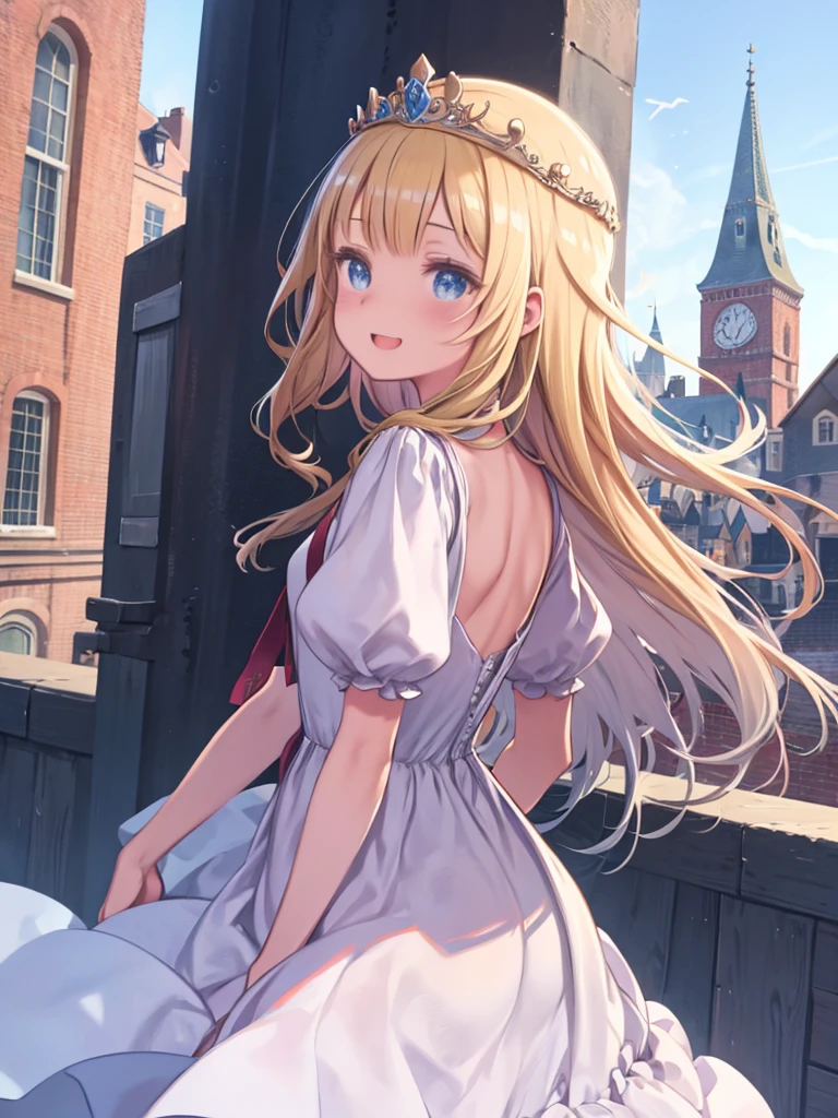 One girl、Brick balcony、Townscape of medieval Europe、Girl looking out from the balcony、Blonde、Wavy long hair、White Dress、tiara、princess、laughing、Angle from behind、blue sky、Fluttering in the wind、