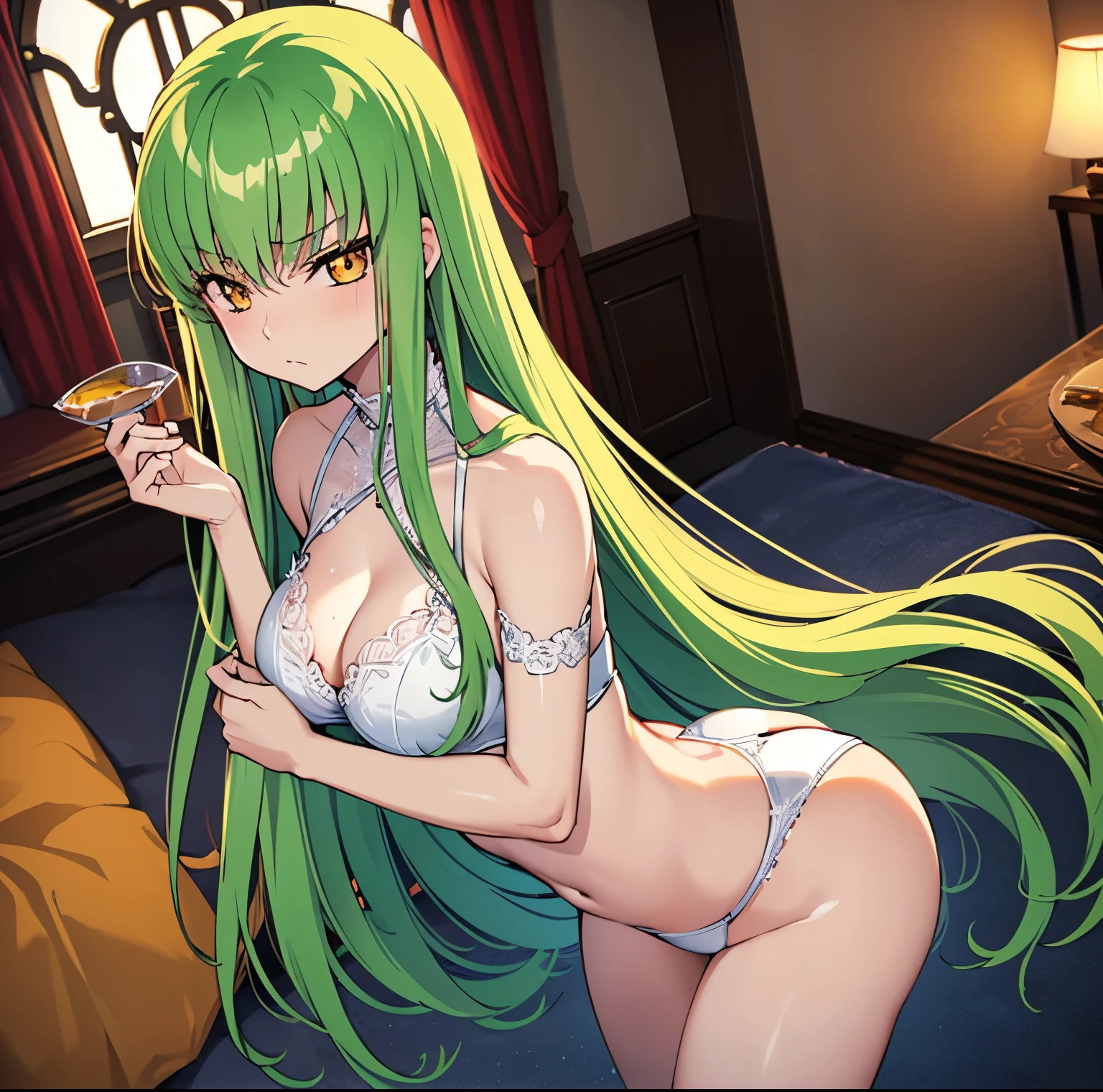 1 girl, alone, c.c., expressionless, frowning, (masterpiece, best quality, ultra detailed, best shadow, volumetric lighting), (beautiful detailed face, beautiful detailed eyes), (best lighting), orange eyes, long hair, green hair, (white lingerie with white lace: 1.1), one-piece lingerie, hand, holding hip, (cowboy photo: 1.3), medium breasts, medium waist, wide hips, wide thighs, round butt, castle, room , bedroom, clear lighting, standing, facing the viewer, facing the front, focused on the breasts, point of view (from above), mksks style, sexy body, beautiful background, professional lighting, landscape with warm colors, perfect anatomy, perfect hands