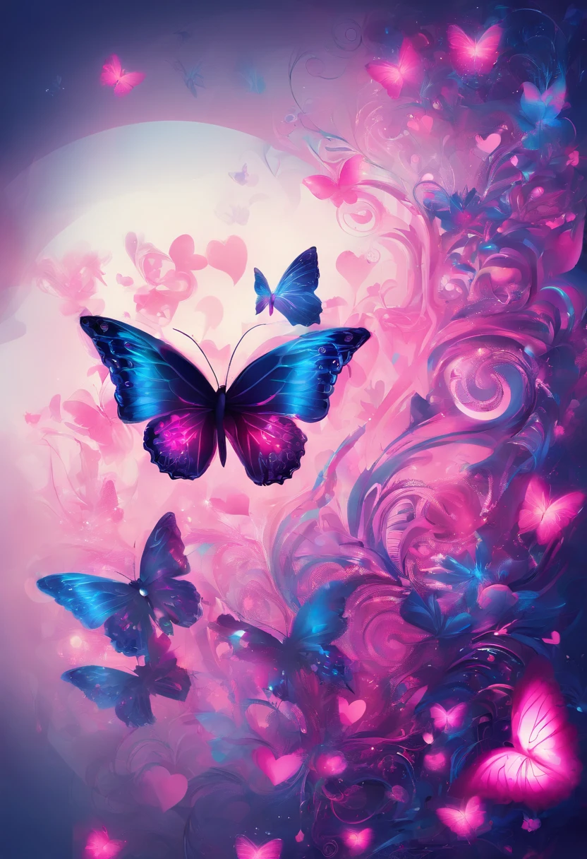 Neon pink hearts and dark blue hearts and neon pink and dark blue butterfly on white background