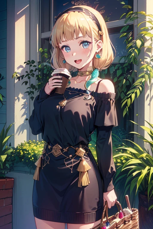 (perky chest:1.2), (pointed chest:1.2),(((Black Tunic:1.3))),(((cakes and bread in the basket),Cute and beautiful girl,Cute round face,Cute smile,with blush cheeks,Red Lip,solo, looking at viewer, open mouth, have a cute grass of cute beergrass,black hair, dark green eyes, dress, bare shoulders, jewelry, collarbone, sidelocks, hairband, earrings, indoors, off shoulder, sweater, arms behind back, plant, short hair with long locks, gild hairband, off-shoulder dress, sweater dress, off-shoulder sweater, black sweater, dark gord hair, big side hair, very long side hair,is rendered in (masterpiece: 1.2, best quality), with (ultra high resolution) and an exquisite (depth of field),(Bangs are see-through bangs),hair pin,hair adornments,detailed clothes features,Detailed hair features,detailed facial features,(Dynamic angles),(Dynamic and sexy poses),Cinematic Light,(masutepiece,top-quality,Ultra-high resolution) ,(The 8k quality,Anatomically accurate facial structure,),(Sea Art 2 Mode:1.3),(Image Mode Ultra HD) ,(Hold a coffee in your hand:1.3),delicate beautiful face, Bright blue eyes, cute eyes, sparkling eyes, Big eyes, (perky chest:1.1), (pointed chest:1.3), looking at viewer,
