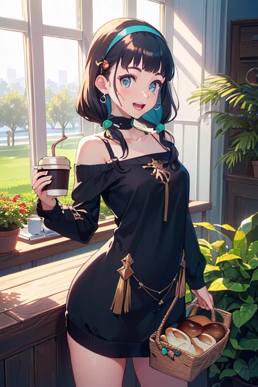 (perky chest:1.2), (pointed chest:1.2),(((Black Tunic:1.3))),(((cakes and bread in the basket),Cute and beautiful girl,Cute round face,Cute smile,with blush cheeks,Red Lip,solo, looking at viewer, open mouth, have a cute grass of cute beergrass,black hair, dark green eyes, dress, bare shoulders, jewelry, collarbone, sidelocks, hairband, earrings, indoors, off shoulder, sweater, arms behind back, plant, short hair with long locks, gild hairband, off-shoulder dress, sweater dress, off-shoulder sweater, black sweater, dark gord hair, big side hair, very long side hair,is rendered in (masterpiece: 1.2, best quality), with (ultra high resolution) and an exquisite (depth of field),(Bangs are see-through bangs),hair pin,hair adornments,detailed clothes features,Detailed hair features,detailed facial features,(Dynamic angles),(Dynamic and sexy poses),Cinematic Light,(masutepiece,top-quality,Ultra-high resolution) ,(The 8k quality,Anatomically accurate facial structure,),(Sea Art 2 Mode:1.3),(Image Mode Ultra HD) ,(Hold a coffee in your hand:1.3),delicate beautiful face, Bright blue eyes, cute eyes, sparkling eyes, Big eyes, (perky chest:1.1), (pointed chest:1.3), looking at viewer,