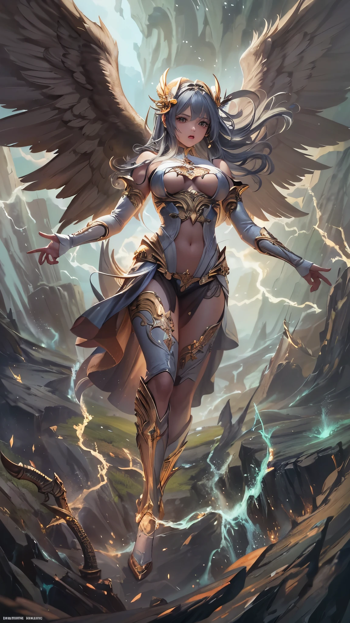 ((highest quality)),(Ultra-high resolution),(Very detailed),(Detailed Description),((The best CG)),(A masterpiece),Ultra-detailed art,Amazing drawing art,(Art with precise detail:1.5), (Female angels:1.4), Audible roar, In the Dark, Shaking, The earth cracks, Standing posture, justice, Legendary, Dissecting, Roar, lightning speed,