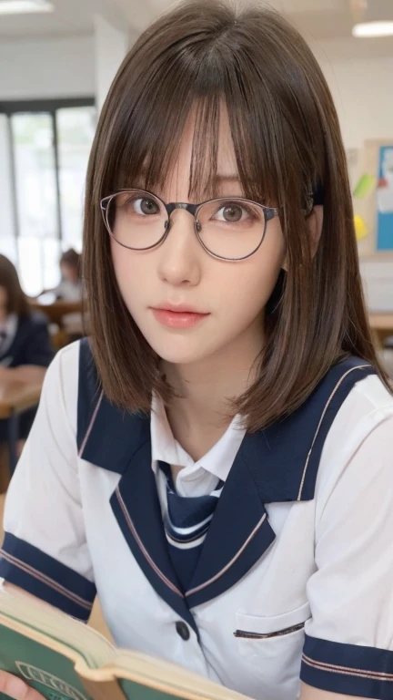 beautiful girl、Japanese、Beautiful breasts、Shortcuts、uniform、round face、Round Glasses、、nude