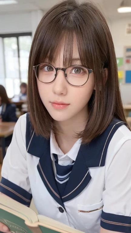 One Girl, (Beautiful girl, Delicate girl:1.3), (16 years old:1.3),
break, (school uniform, Cute Uniform:1.2), Glasses,
break, (Cafe:1.3), (Sit at a desk, Reading books:1.2),
break, Very beautiful eyes, (Symmetrical eyes:1.3),
break, Small breasts, Brown eyes, Parted bangs, Brown Hair,
break, (Eye and facial details:1.0),
break, (masterpiece, highest quality, Super detailed, Detailed face, 8k)