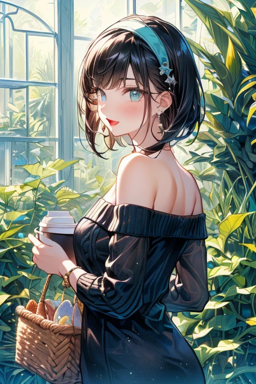 (perky chest:1.2), (pointed chest:1.2),(((Black Tunic:1.3))),(((cakes and bread in the basket),Cute and beautiful girl,Cute round face,Cute smile,with blush cheeks,Red Lip,solo, looking at viewer, open mouth, have a cute grass of cute beergrass,black hair, dark green eyes, dress, bare shoulders, jewelry, collarbone, sidelocks, hairband, earrings, indoors, off shoulder, sweater, arms behind back, plant, short hair with long locks, gild hairband, off-shoulder dress, sweater dress, off-shoulder sweater, black sweater, dark gord hair, big side hair, very long side hair,is rendered in (masterpiece: 1.2, best quality), with (ultra high resolution) and an exquisite (depth of field),(Bangs are see-through bangs),hair pin,hair adornments,detailed clothes features,Detailed hair features,detailed facial features,(Dynamic angles),(Dynamic and sexy poses),Cinematic Light,(masutepiece,top-quality,Ultra-high resolution) ,(The 8k quality,Anatomically accurate facial structure,),(Sea Art 2 Mode:1.3),(Image Mode Ultra HD) ,(Hold a coffee in your hand:1.3),delicate beautiful face, Bright blue eyes, cute eyes, sparkling eyes, Big eyes, (perky chest:1.1), (pointed chest:1.3), looking at viewer,
