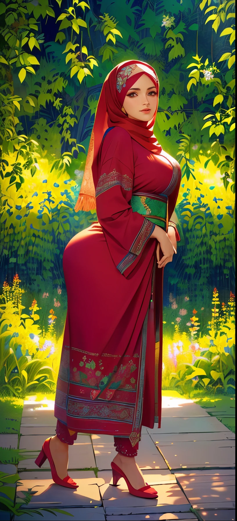 a woman in a red morrocan djellaba, headscarf, hijabi, standing in front of a bush, detailed beautiful face, beautiful eyes, lush green foliage, intricate floral patterns, warm lighting, photorealistic, 8k, high resolution, hyper detailed, masterpiece