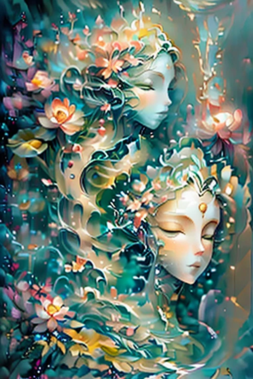 Gorgeous blossoms, serene water, an experience of feeling one with nature, coamic unity, divine onenenss with all things, conscious awareness and enlightenment, golden waves, high resolution, surreal realism