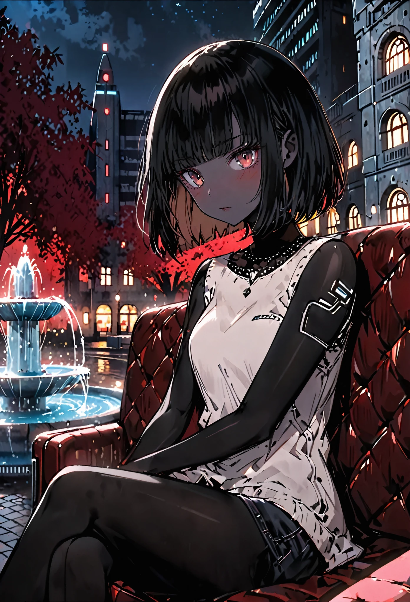 solo, female, sfw, medium shot, long hair, black hair, bob cut hair, futuristic, brutalist architecture, red forest landscape, brown eyes, black skin, sitting, velvet couch, close up, casual clothes, night, fountain, blush, cafe, coffee