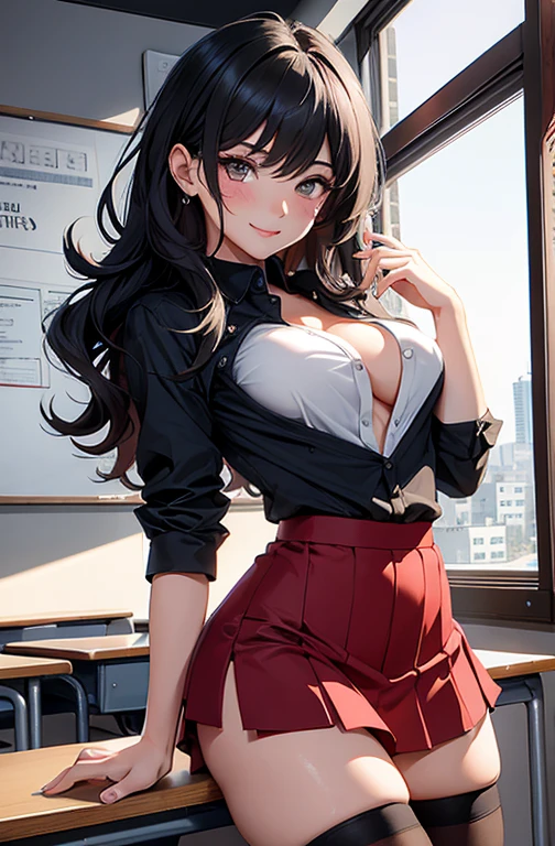 masterpiece, best quality, best lighting, shadows, perfect anatomy, 1 girl, 21 years old, mature features, black wavy hair, black eyes, seductive eyes, blushing, flirty, pretty smile, tiny red skirt, white tight shirt, semi open shirt, black thigh highs, classroom background, ass, breast, thighs, nsfw,