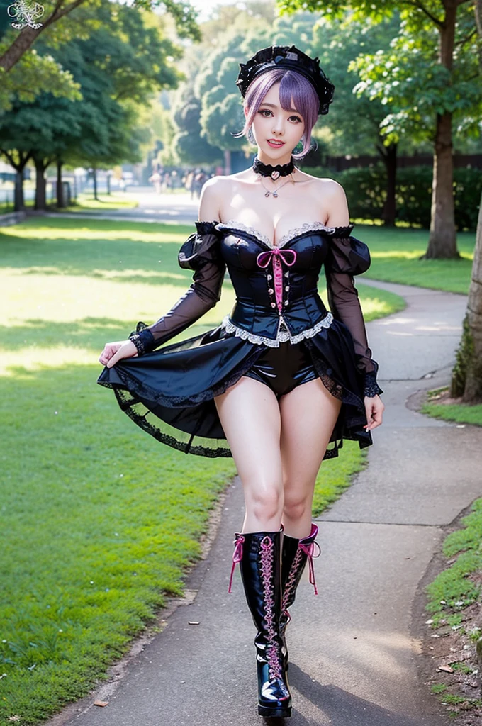 (nsfw), sexy stylish feminine model, only 1 female, ((doll-like appearance)), short purple stylish hair, ((shiny Victorian-Style boots)), (big smile), ultra detailed eyes, vivid eye makeup, lipgloss, long lashes, defined eyebrows, ((sexy Paradise Kiss cosplay)), bell-shaped skirt, petticoats, high neckline, puffed sleeves, ((ultra detailed lace)), ((ultra detailed embroidery)), intricate details, Paradise Kiss accessoires and matching headpiece, choker, ((large sparkling Paradise Kiss jewelry)), cinematic light, detailed large park background with trees