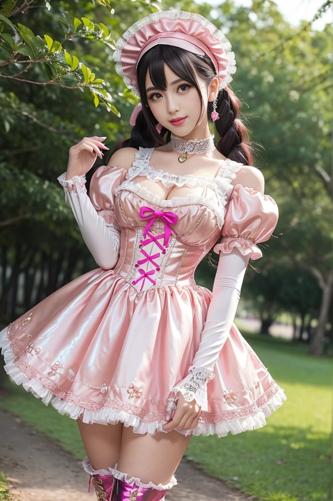 (nsfw), sexy stylish feminine model, only 1 female, ((doll-like appearance)), long neon pink stylish hair, ((shiny Victorian-Style boots)), (big smile), ultra detailed eyes, vivid eye makeup, lipgloss, long lashes, defined eyebrows, ((sexy Paradise Kiss cosplay)), bell-shaped skirt, petticoats, high neckline, puffed sleeves, ((ultra detailed lace)), ((ultra detailed embroidery)), intricate details, Paradise Kiss accessoires and matching headpiece, choker, ((large sparkling Paradise Kiss jewelry)), cinematic light, detailed large park background with trees