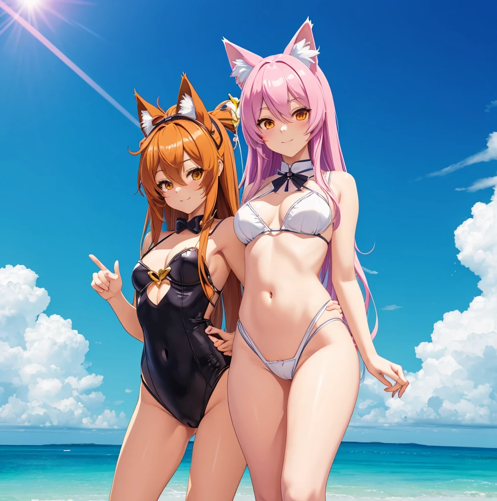 two women standing next to each other on a beach under the sun, lewd face, a girl with a cat ears and a bow, female furry mini cute style, a drawing of a debauchery priest many cultist of aphrodite, pudica pose gesture, small cute outline, cell shaded adult animation, sketchy artstyle, holo is a wolf girl, fursona furry art commission, oc commission, lineart, fursona commission, cute!! chibi!!! catgirl, anime catgirl, fox from league of legends chibi, commission for high res, cute anime catgirl, clean anime outlines, full body zenkai! asuka suit, gesture drawn, holding a pudica pose, body pose!, full body drawing, realistic body proportions, full character body, full body concept, full body; front view, female full body, realistic proportions!!, entire body