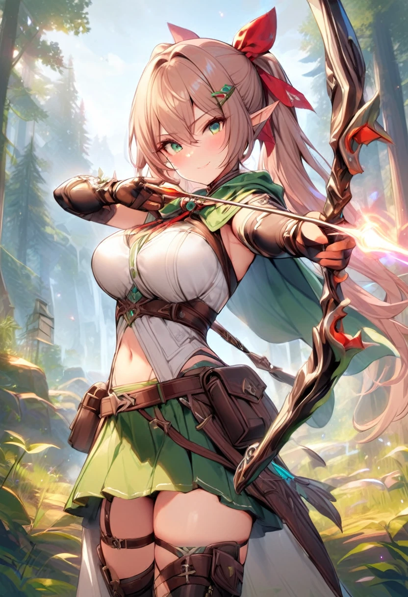 masterpiece,best quality,1girl, solo, pointy-ears, ((brown-hair)), green-eyes, gloves, boots, twintails, skirt, elbow-gloves, hair-ornament, navel, looking-at-viewer, cape, smile, elf, ribbon, hair-ribbon, knee-boots, belt, hairclip, ((green-skirt)), black-gloves, forest, midriff, thigh-strap, hair-between-eyes, standing, black-footwear, pouch, long-hair, nature, red-ribbon, ((big boobs) 1:1), Aiming a Bow