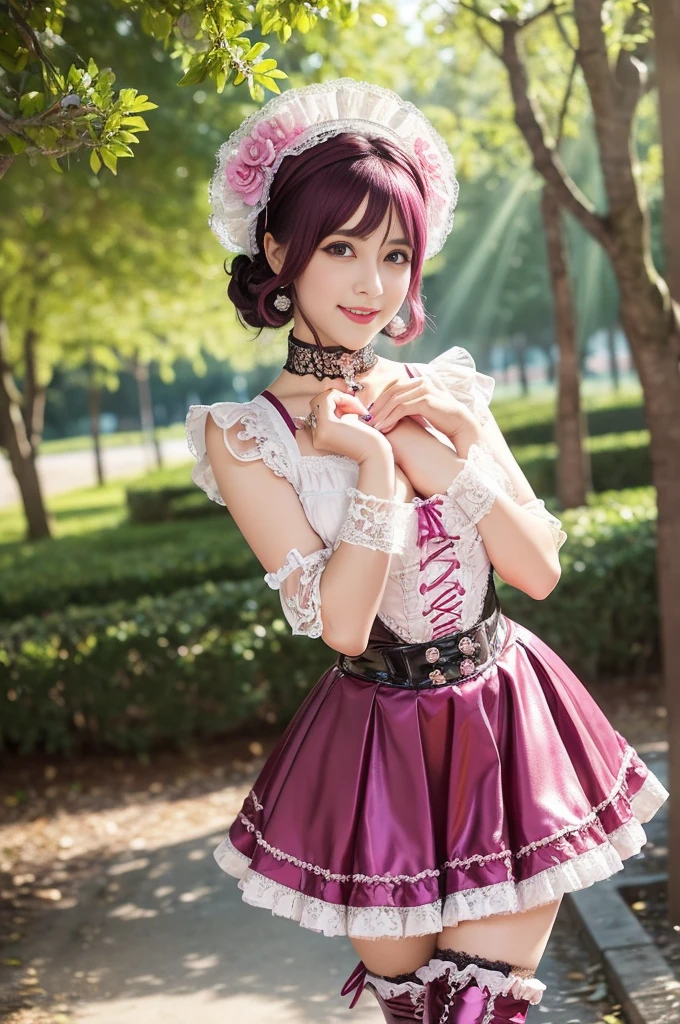 (nsfw), sexy stylish feminine model, only 1 female, ((doll-like appearance)), short magenta stylish hair, ((shiny Victorian-Style boots)), (big smile), ultra detailed eyes, vivid eye makeup, lipgloss, long lashes, defined eyebrows, ((sexy Paradise Kiss cosplay)), bell-shaped skirt, petticoats, high neckline, puffed sleeves, ((ultra detailed lace)), ((ultra detailed embroidery)), intricate details, Paradise Kiss accessoires and matching headpiece, choker, ((large sparkling Paradise Kiss jewelry)), cinematic light, detailed large park background with trees