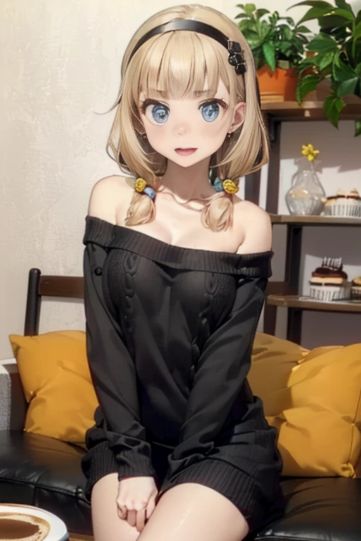 (perky chest:1.2), (pointed chest:1.2),(((Black Tunic:1.3))),(((cakes and bread in the basket),Cute and beautiful girl,Cute round face,Cute smile,with blush cheeks,Red Lip,solo, looking at viewer, open mouth, have a cute grass of cute beergrass,black hair, dark green eyes, dress, bare shoulders, jewelry, collarbone, sidelocks, hairband, earrings, indoors, off shoulder, sweater, arms behind back, plant, short hair with long locks, gild hairband, off-shoulder dress, sweater dress, off-shoulder sweater, black sweater, dark gord hair, big side hair, very long side hair,is rendered in (masterpiece: 1.2, best quality), with (ultra high resolution) and an exquisite (depth of field),(Bangs are see-through bangs),hair pin,hair adornments,detailed clothes features,Detailed hair features,detailed facial features,(Dynamic angles),(Dynamic and sexy poses),Cinematic Light,(masutepiece,top-quality,Ultra-high resolution) ,(The 8k quality,Anatomically accurate facial structure,),(Sea Art 2 Mode:1.3),(Image Mode Ultra HD) ,(Hold a coffee in your hand:1.3),delicate beautiful face, Bright blue eyes, cute eyes, sparkling eyes, Big eyes, (perky chest:1.1), (pointed chest:1.3), looking at viewer,