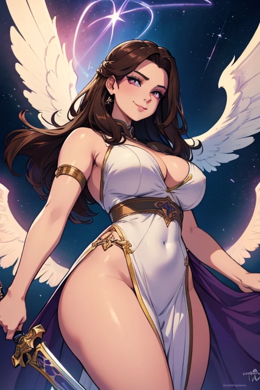a woman, a beautiful woman, brown hair, bright violet eyes, curvy body, angelic clothes, lights, angel wings, beautiful face, smiling, holding divine sword, sword of light, (best quality,4k,8k,highres,masterpiece:1.2),ultra-detailed