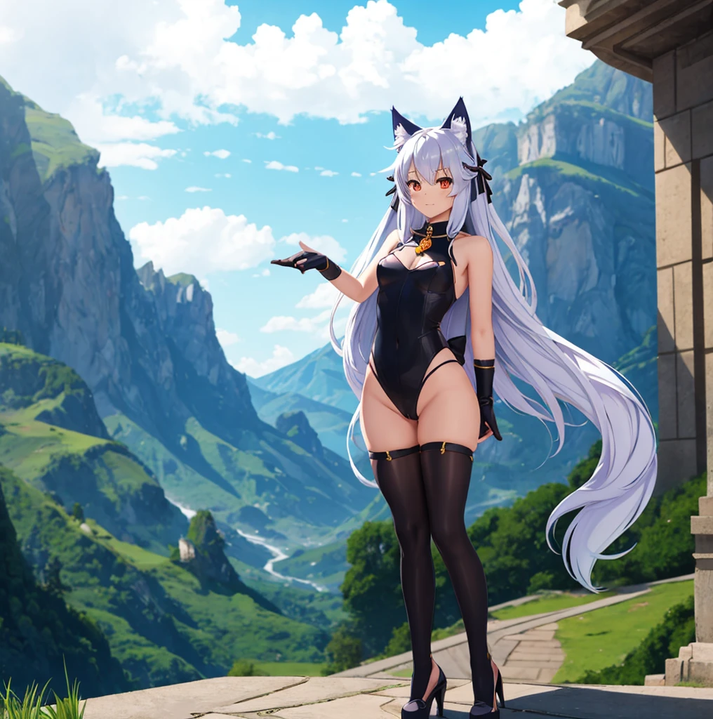 female model in front of a castle and mountain landscape holding onto a balcony railing, lewd face, a girl with a cat ears and a bow, female furry mini cute style, a drawing of a debauchery priest many cultist of aphrodite, pudica pose gesture, small cute outline, cell shaded adult animation, sketchy artstyle, holo is a wolf girl, fursona furry art commission, oc commission, lineart, fursona commission, cute!! chibi!!! catgirl, anime catgirl, fox from league of legends chibi, commission for high res, cute anime catgirl, clean anime outlines, full body zenkai! asuka suit, gesture drawn, holding a pudica pose, body pose!, full body drawing, realistic body proportions, full character body, full body concept, full body; front view, female full body, realistic proportions!!, entire body