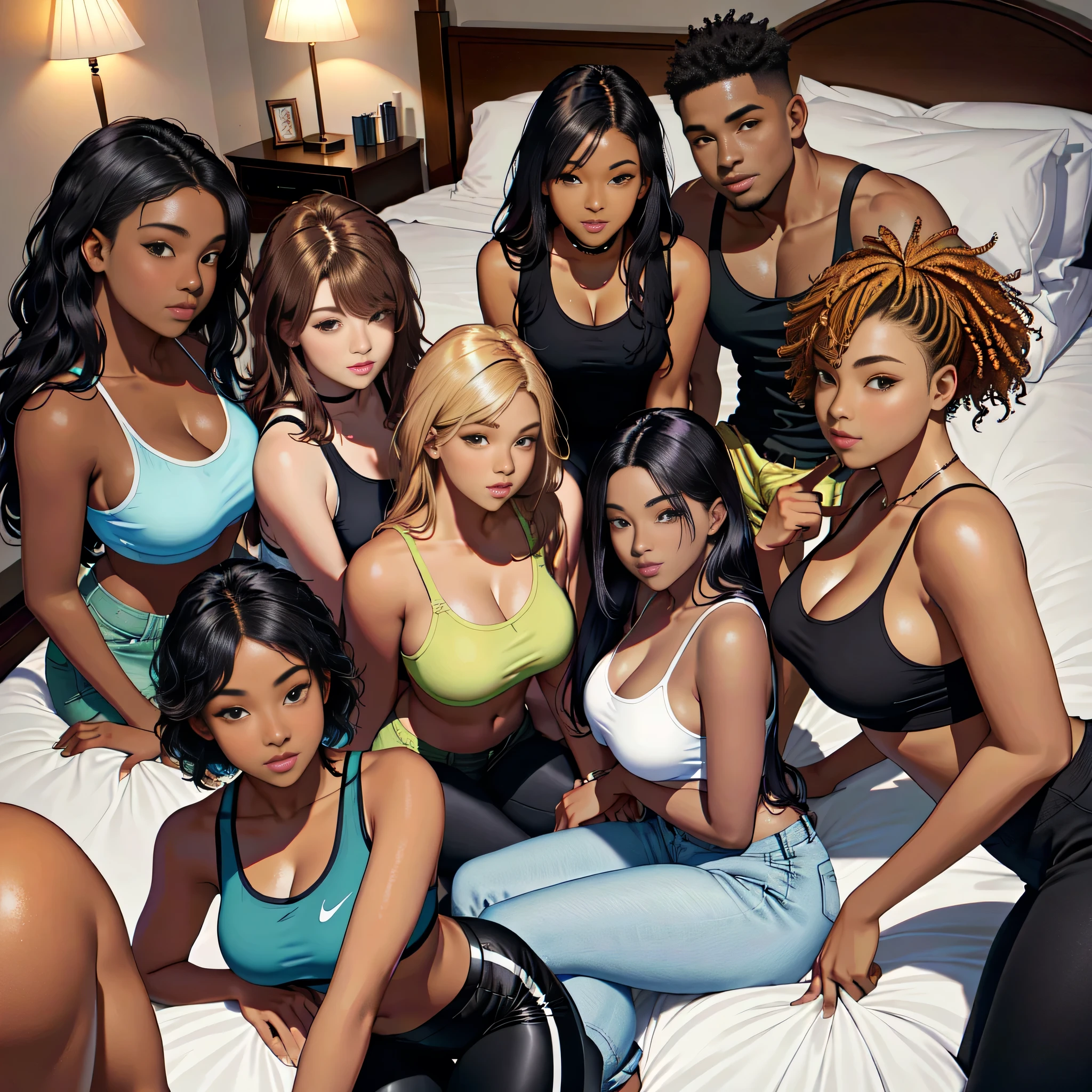 (A single black man laying on his back, in-bed wearing shorts, in-center of composition) A diverse group of five young adult Americans, representing different ethnicities and characteristics, wearing yoga-pants and tank-tops, displays their unique beauty with perfect bodies, large breasts, wide thicc-hips, Among them, there are blonde young adult girls with auburn hair, emanating an air of natural elegance. Brown young adult girls with silky locks and a captivating sheen show off their exotic beauty. Also present are black young adult girls with stunning curly hair, highlighting their authenticity and cultural pride, (the women surround a singular BLACK MAN with short-hair, from all sides) (in a bed) the women kiss the singular Black Man, touch the singular Black man, masterpiece, high details, high quality, best quality.