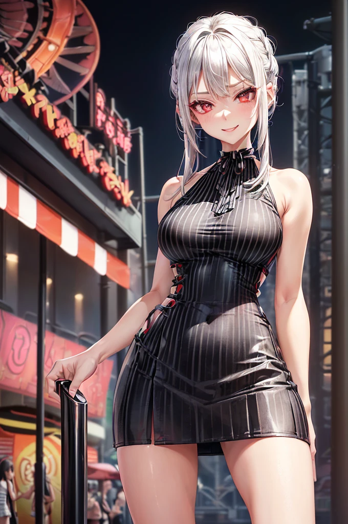 Girl with silver hair, red eyes, medium breasts, sexy body, wearing casual clothes,((black mini skirt with striped pattern),((closed clothes, covering part of the neck, but bare shoulders)),((black with striped pattern lines)),((amusement park background)),((A tsundere girl)),((elegant standing position)),((With a sweet smile))
