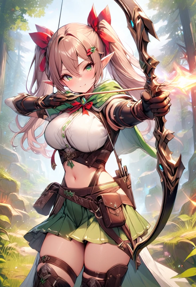 masterpiece,best quality,1girl, solo, pointy-ears, ((brown-hair)), green-eyes, gloves, boots, twintails, skirt, elbow-gloves, hair-ornament, navel, looking-at-viewer, cape, smile, elf, ribbon, hair-ribbon, knee-boots, belt, hairclip, ((green-skirt)), black-gloves, forest, midriff, thigh-strap, hair-between-eyes, standing, black-footwear, pouch, long-hair, nature, red-ribbon, ((big boobs) 1:1), Aiming a Bow