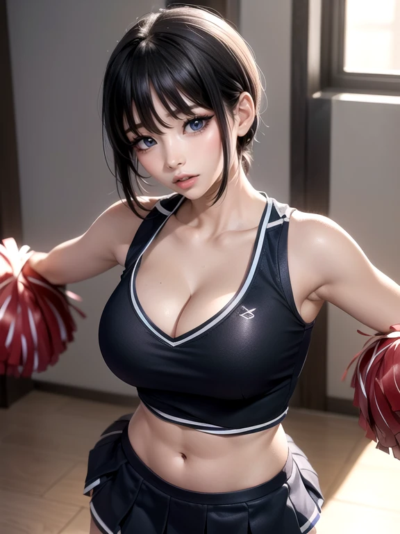 (Ultimate beauty), 非常にdetailed顔, detailedな唇, fine grain, Beautiful Eyes, Short Black Pixie Hairstyles, ((Laugh with your mouth closed)), (((Wearing a cheerleader uniform))),(((Accentuate your cleavage))) Big Breasts,(Accentuate your breasts) (Thighs), that'that'sit, perfectionなボディ, perfectionな顔, (((background: Stadium)、Cowboy Shot, (Depth of the written border), perfectionな画像リアリズム, With detailed background, detailedな衣装, perfection、Hyperrealism、Realistic、Maximum resolution 8K, (masterpiece), 非常にdetailed, Professional 22 year old Japanese woman,(非常にdetailedな肌)(Beautiful female body)(美しいBig Breasts)(Big Breasts)(Pale skin)(Pointed Chest),(Erect nipples)(Best image quality)(Hyperrealismの肖像画),(8k),(Ultra-realistic,最high quality, high quality, High resolution)(high quality texture)(Attention to detail)(Beautiful details)(detailed,Extremely detailed CG,detailed Texture)(Realistic facial expressions,masterpiece,in front,dynamic,bold),(((short pixie cut))),(Very thin hair)(Super Straight Hair:1.5)( sleek bangs,Very light coppery amber hair,Hair in one eye) (((Accentuate your buttocks))) (((Her cleavage is visible))) (((Composition from behind))) (((She is spreading her legs boldly))) (((The lines of the body are clearly visible)))、(((Depiction of beautiful fingers))) (((Beautiful body depiction))) (((Accentuate your butt)))(((Thighsが見えるよ)))(((Full body photo)))、(((Low angle photo)))、(((Correct ankle orientation)))(((The correct number of legs))) (((正確な後ろからのFull body photo)))(((Exact number of hands)))
