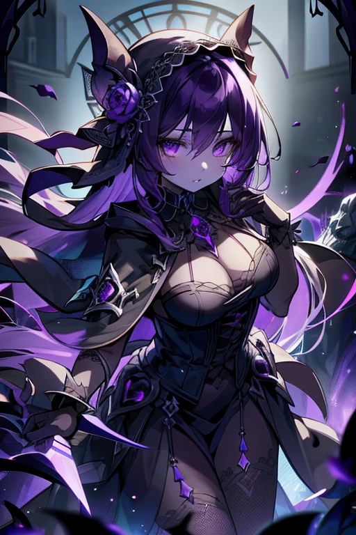 1girl, necromancer, dark robes, gloves, fishnets, dark veil, purple hair, purple eyes, black lipstick, in a graveyard, black flowers, gothic, horror, dynamic view