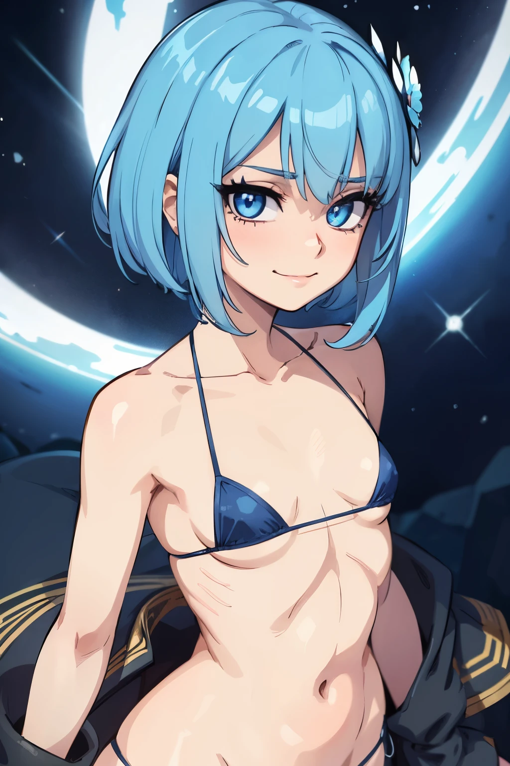 masterpiece, best quality, ultra-detailed, illustration, colorful, flat color, depth of field, lens flare, 1girl, suisei hoshimachi, blue hair, blue eyes, short bob, (hair ornament), anime, (closeup), detailed skin texture, beautiful detailed face, micro bikini, navel, seductive smile, alluring attire, collarbone, (small breasts), (flat chest), (slender), glowing eyes, starry eyes