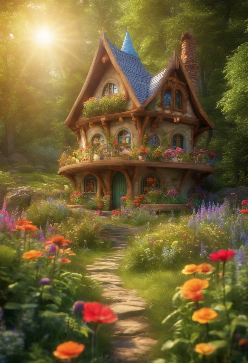Fairytale house for a forest gnome, bright sunny meadow, flowers, grass