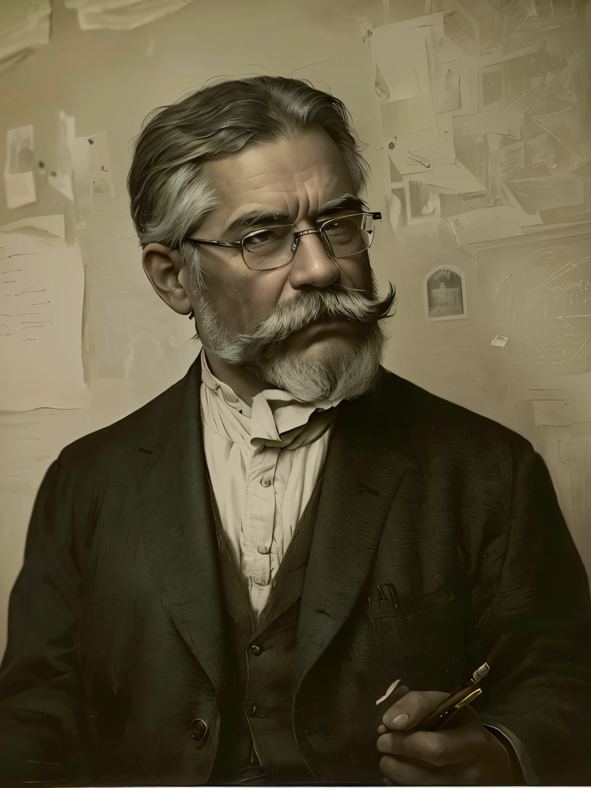 a middle-aged man with a mustache and glasses, thoughtful expression, writing with a quill pen, antique books, old wooden desk, warm lighting, vintage office interior, chiaroscuro lighting, oil painting style, muted color palette, atmospheric, detailed, high quality, photorealistic
