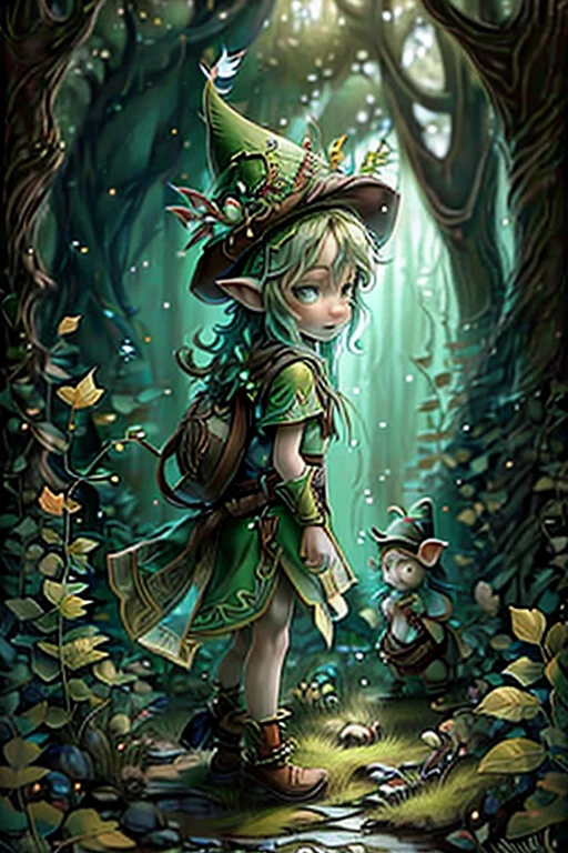 A wild elf wanders lost through the boreal forest. His hat is alive. Munchkins and fairies look from behind the trees. A hanging branch seems to reach out to help the elf. Lonely. Beautiful. Sharp focus. 32k. Masterpiece art.