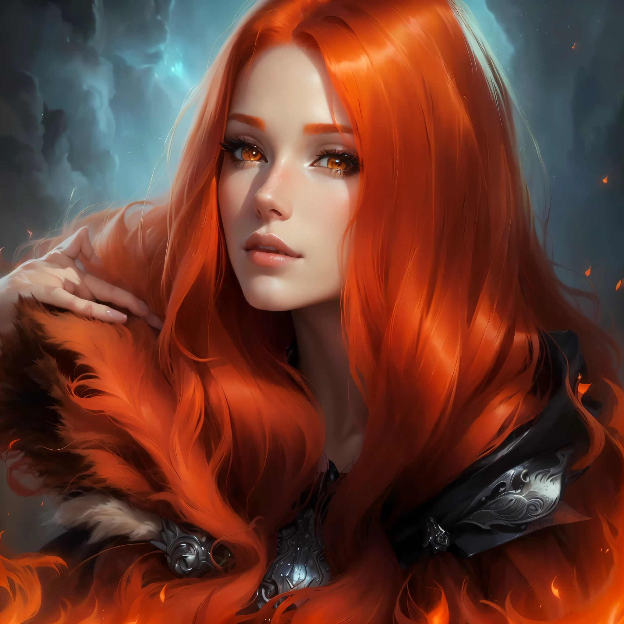 a close up of a woman with red hair and a fox, a beautiful fox lady, foxgirl, orange skin and long fiery hair, magali villeneuve', graphic artist magali villeneuve, ginger hair and fur, inspired by Magali Villeneuve, in style of anne stokes, red haired goddess, fantasy fox love, fire hair, by Galen Dara