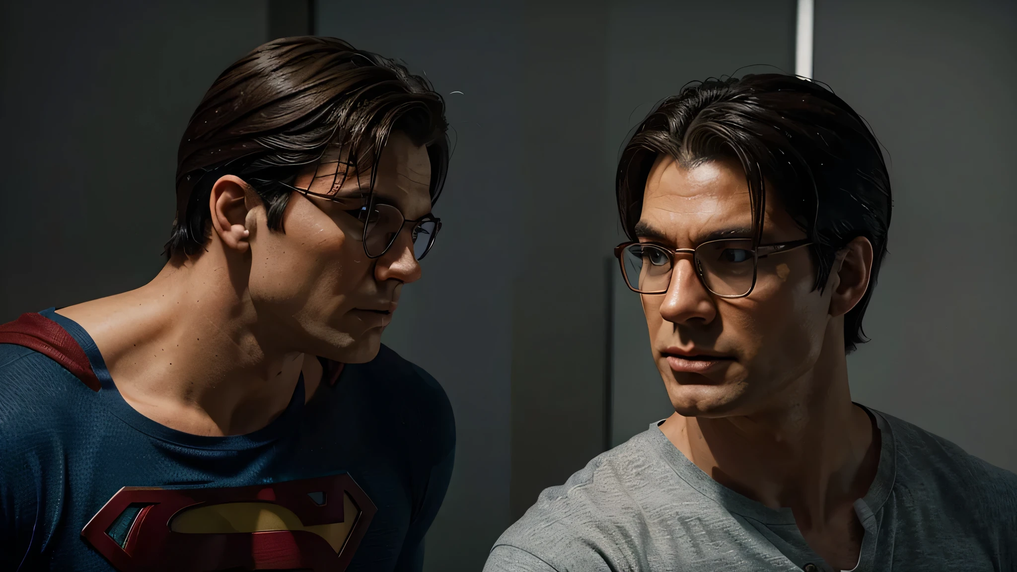 Create an image of Clark Kent and Superman facing each other, looking eye to eye. Clark Kent should be in his regular office outfit with glasses, while Superman is in his classic superhero uniform. Focus on the profile of their faces with a neutral background.