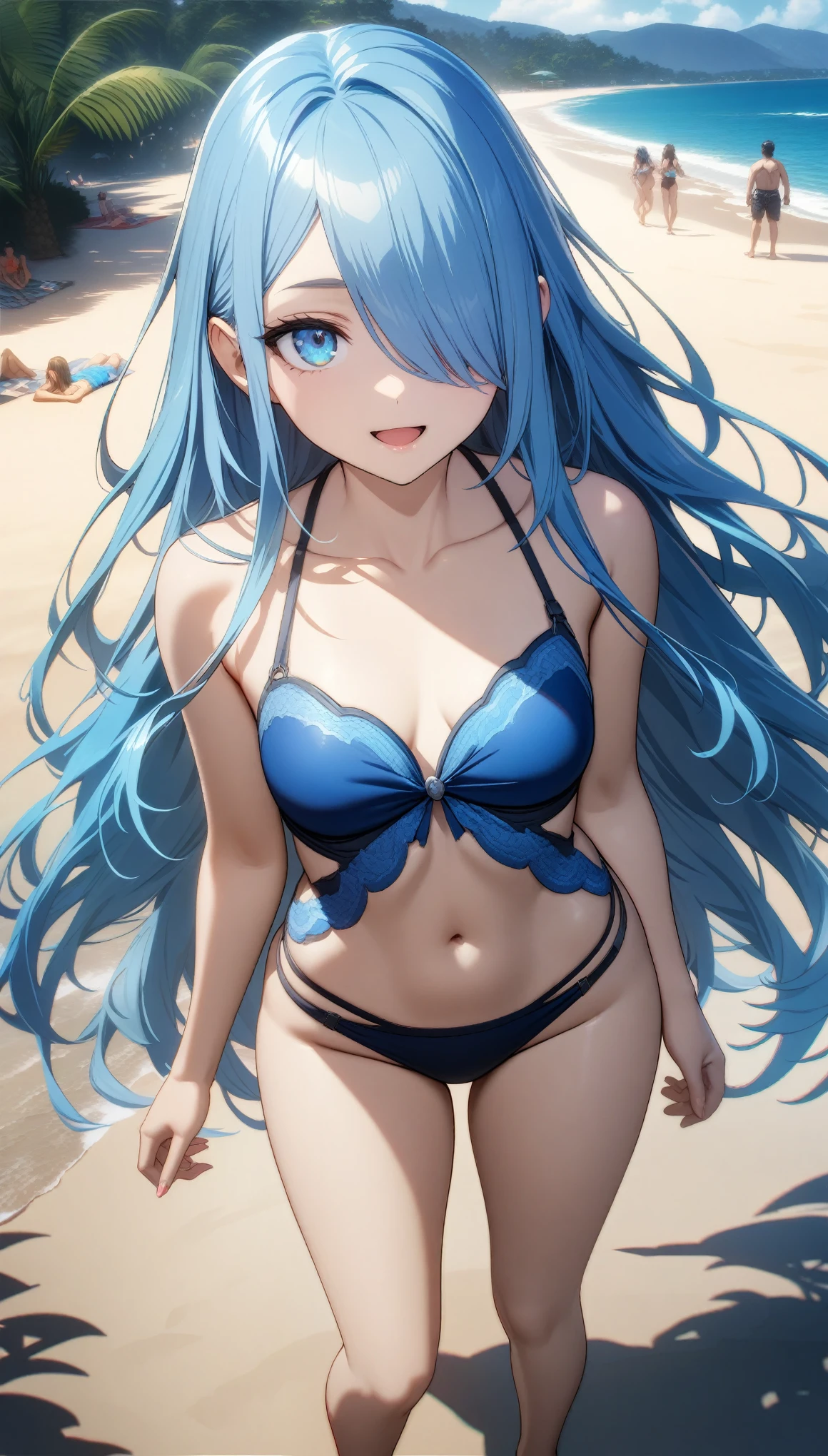 32k, best quality, ultra high res, HDR, UHD, extremely detailed CG, unity 32k wallpaper, highest quality, Intricate details, chromatic aberration, Model Body Type, One girl, Skimpy swimsuit, Blue swimsuit, Long Hair, Blue Hair, Smooth Hair, Blue Highlights, Hair on one eye, blue eyes, Sharp eyes, Laugh shyly, A beach with lots of people,