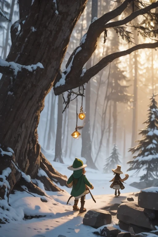 A wild elf wanders lost through the boreal forest.  His hat is alive.  Munchkins and fairies look from behind the trees.  A hanging branch seems to reach out to help the elf.  Lonely.  Beautiful.  Sharp focus.  32k.  Masterpiece art.