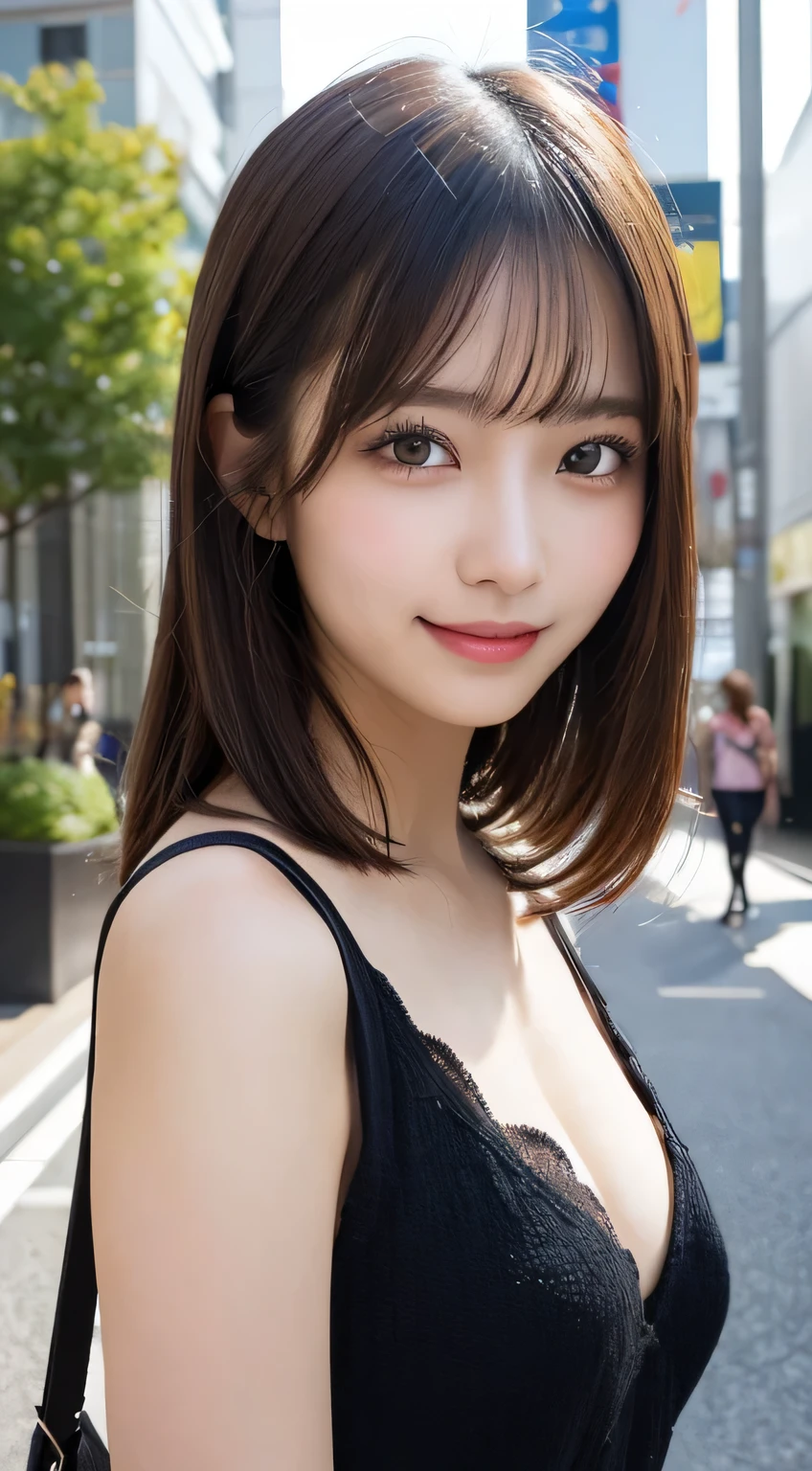 masutepiece, Best Quality, Illustration, Ultra-detailed, finely detail, hight resolution, 8K Wallpaper, Perfect dynamic composition, Beautiful detailed eyes, Women's Fashion Summer,Medium Hair,small ????,Natural Color Lip, Bold ???? poses,Smile,Harajuku、20 years girl、Cute、???? shot looking at camera